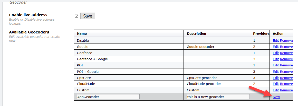 Geocoder settings table with options.