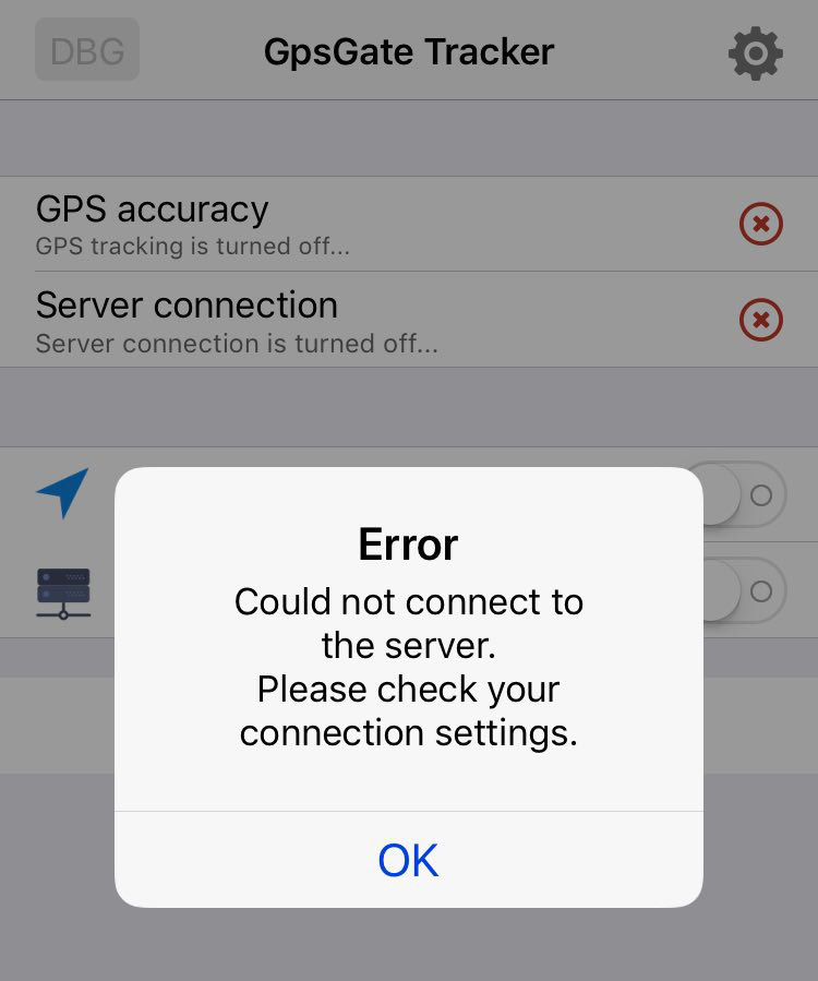 Connection error message on GPS app screen.