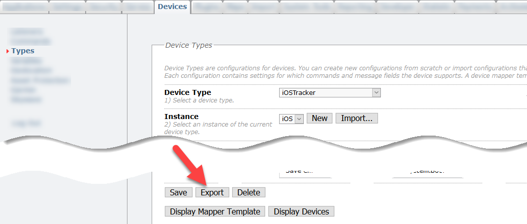 Export button highlighted in device settings menu.