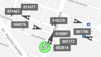 Map with numbered markers and arrows.