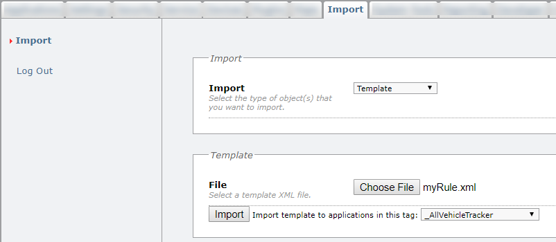 Import template interface with file upload option.