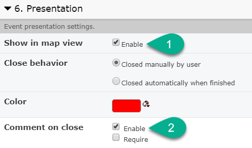 Event presentation settings options