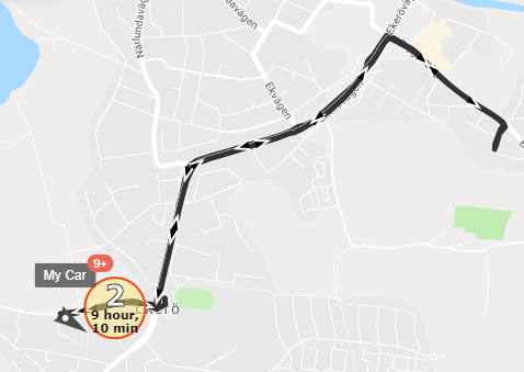 Map with a marked route and time estimate.