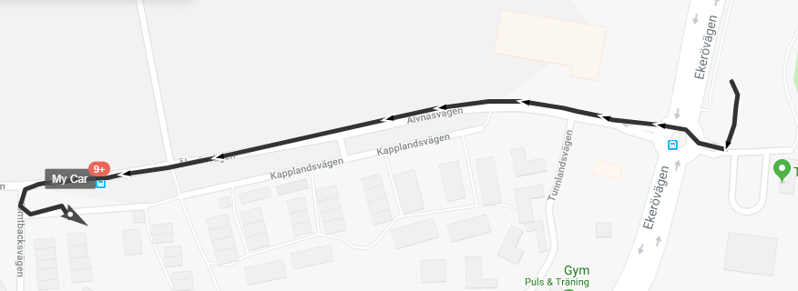 Map showing a route with arrows and location markers.