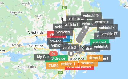 Map with vehicle and device labels