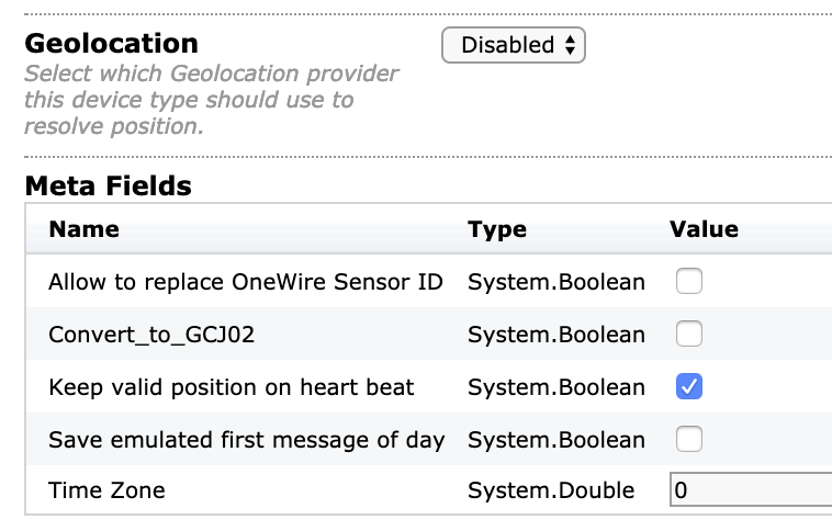 Settings table with geolocation options.